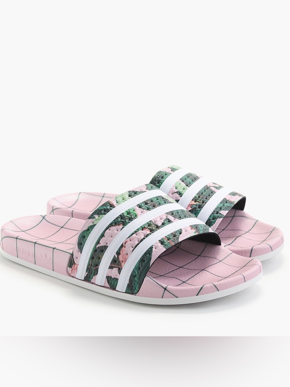 Adidas® Adilette slides pink - Green Floral & White Stripes 7